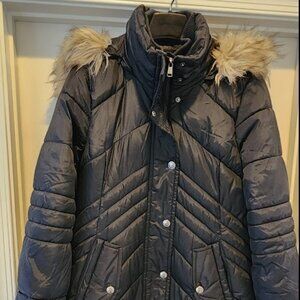 London Fog quilted long Navy women's Small puffer coat with fur trim knit cuffs